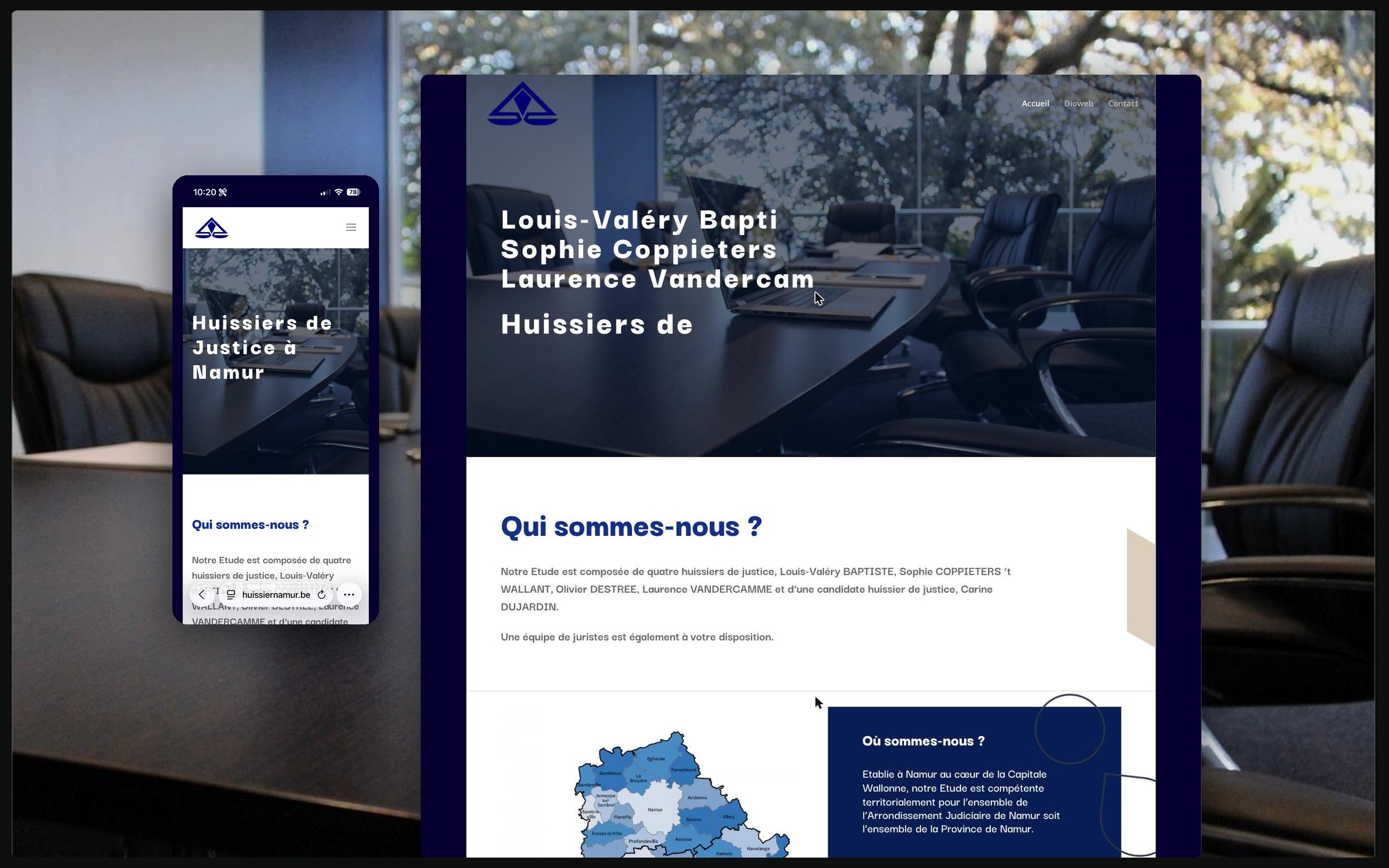 Huissier Namur — aperçu du site sur ordinateur et mobile
